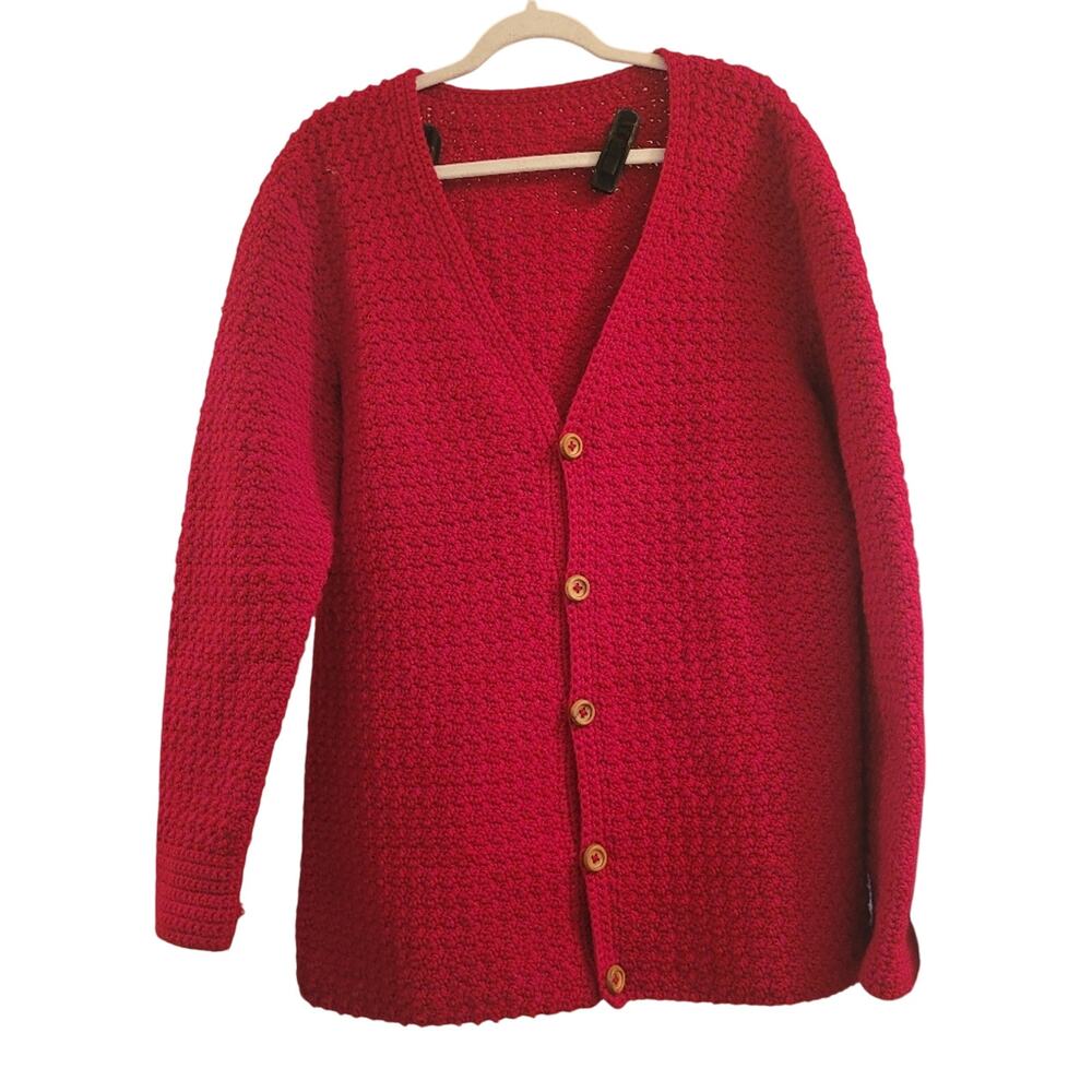 Vntg Homemade Hand Knit Crocheted Cardigan Sweater Red Size M Read Measurements